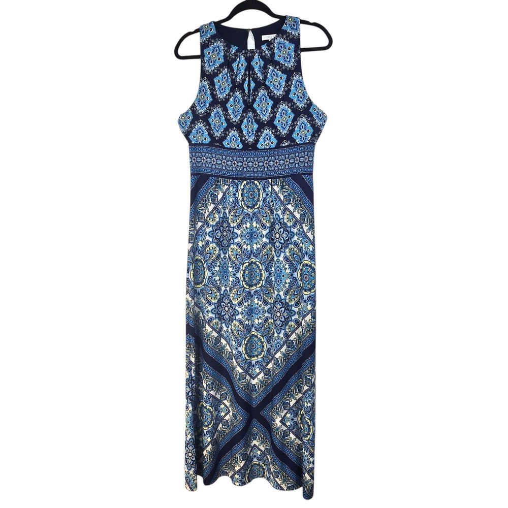 London Times Blue Medallion Tile Print Sleeveless Maxi Dress Size 8 Empire Waist